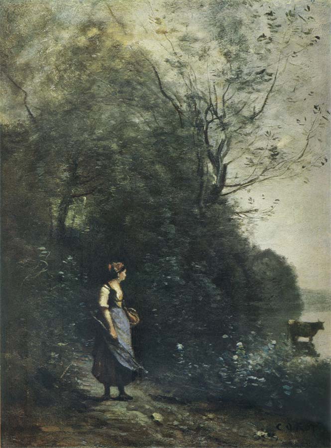 Landscape with a peasant Girl grazing a Cow at the Edge of a Forest